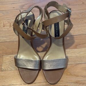 Steven by Steve Madden women’s strappy gold tan, 4 inch high healed shoes